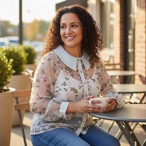 SHEIN Curve Embroidered Flower Sheer Blouse